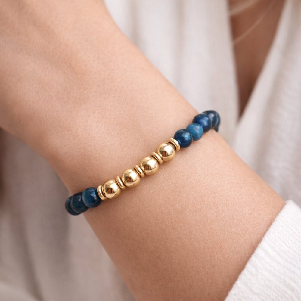 Blue Tiger Eye Gemstones 8mm Beads Stretchable Bracelet 18K Gold filled accents